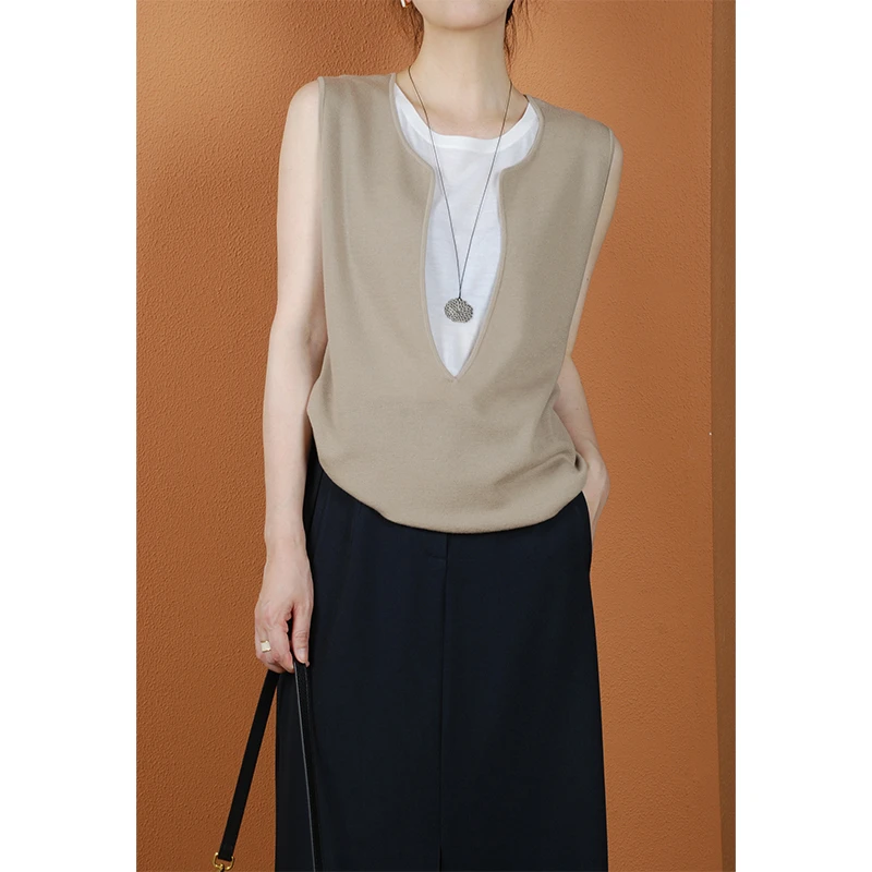 【与风萦】假两件美丽奴精纺羊毛无袖衫 气质针织宽松纯色百搭时尚