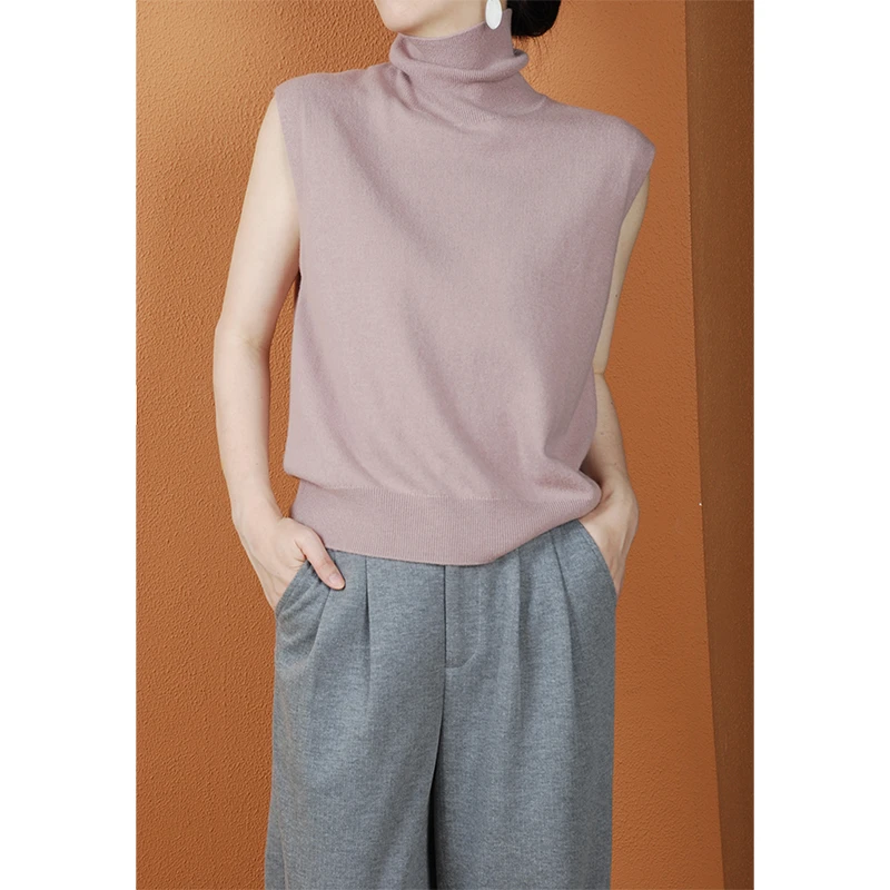 【与风萦】高领无袖绵羊毛背心 针织百搭套头纯色女士时尚秋冬