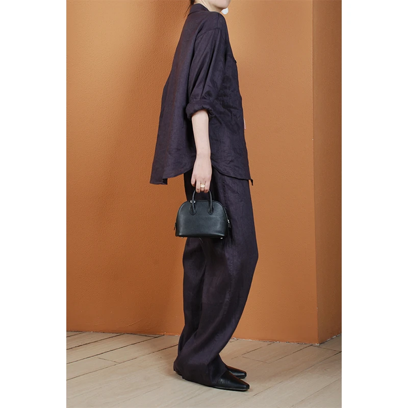 【与风萦】亚麻套装 休闲百搭复古宽松纯色时尚叠穿长袖衬衫