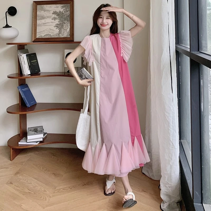 夏日多巴胺小众设计感粉色拼接网纱鱼尾裙摆连衣裙女夏季2025新款