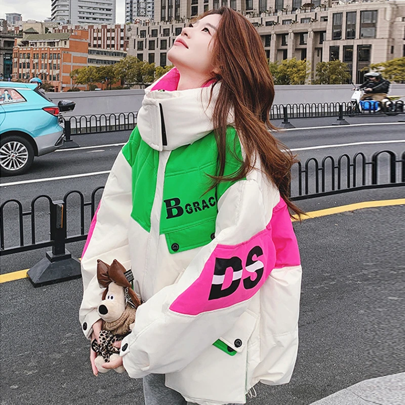 设计感小众炸街宽松字母白鸭绒羽绒服女冬新款撞色小个子加厚外套