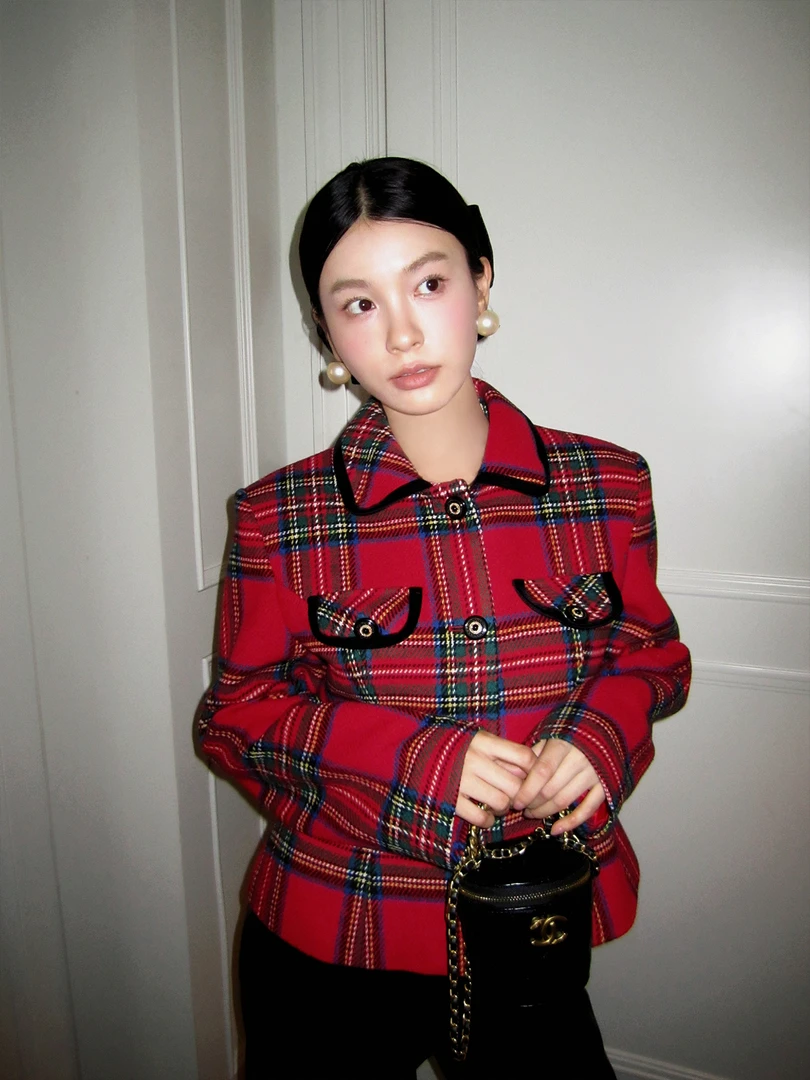 中古格子毛呢拼接丝绒外套   240191