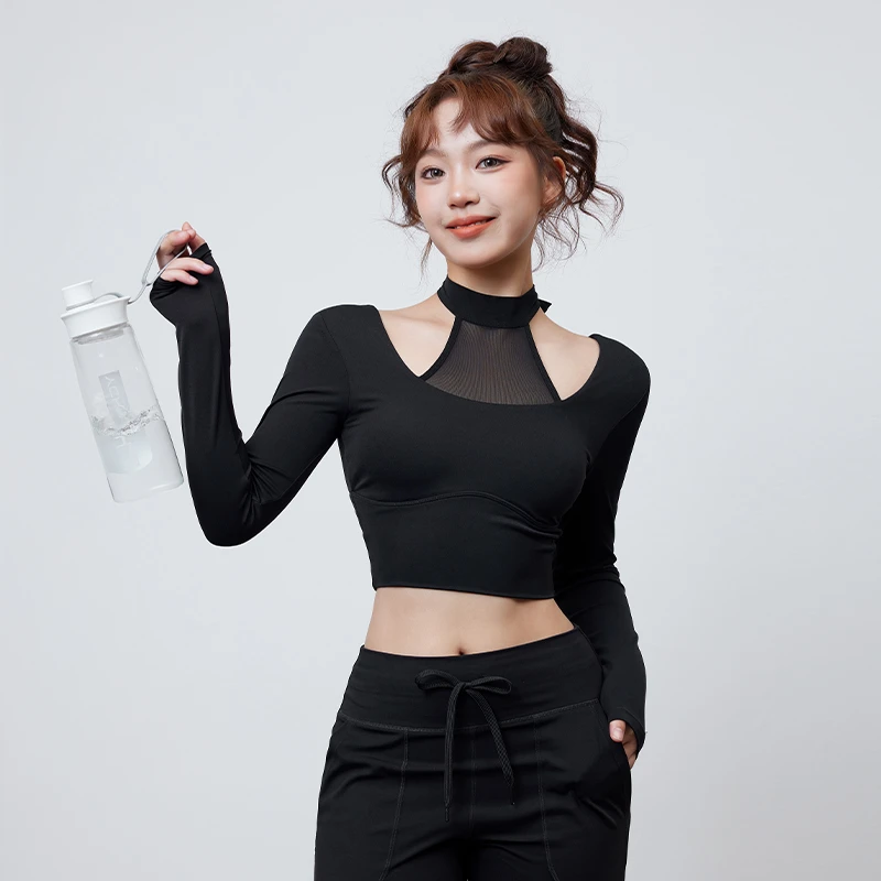 MITAOGIRL新中式网纱瑜伽服女裸感固定杯健身衣美背运动长袖2363