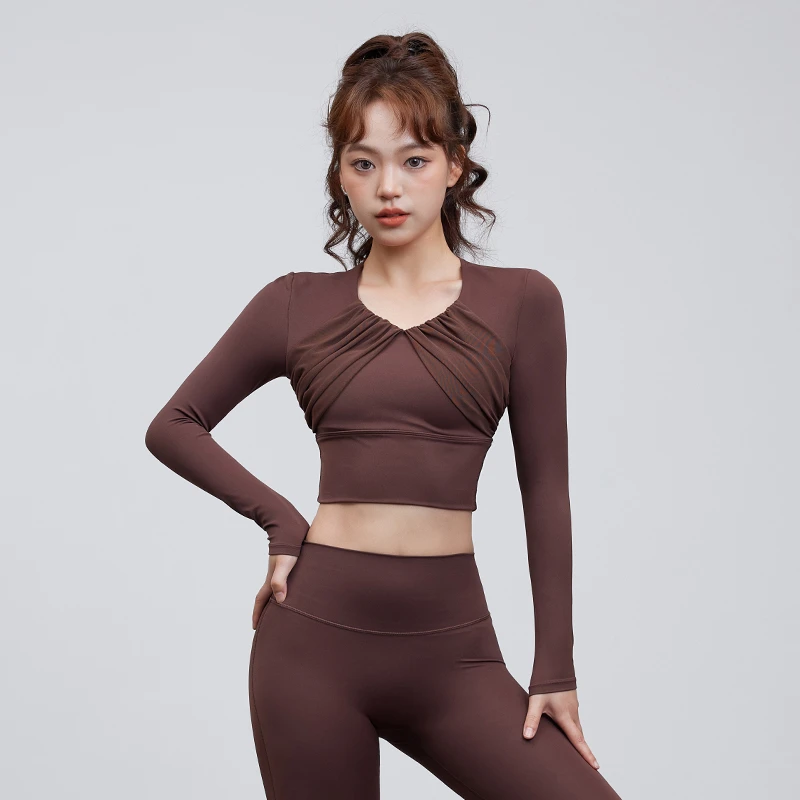 MITAOGIRL拼纱固定杯瑜伽服女跑步速干健身服衣显瘦运动长袖2406