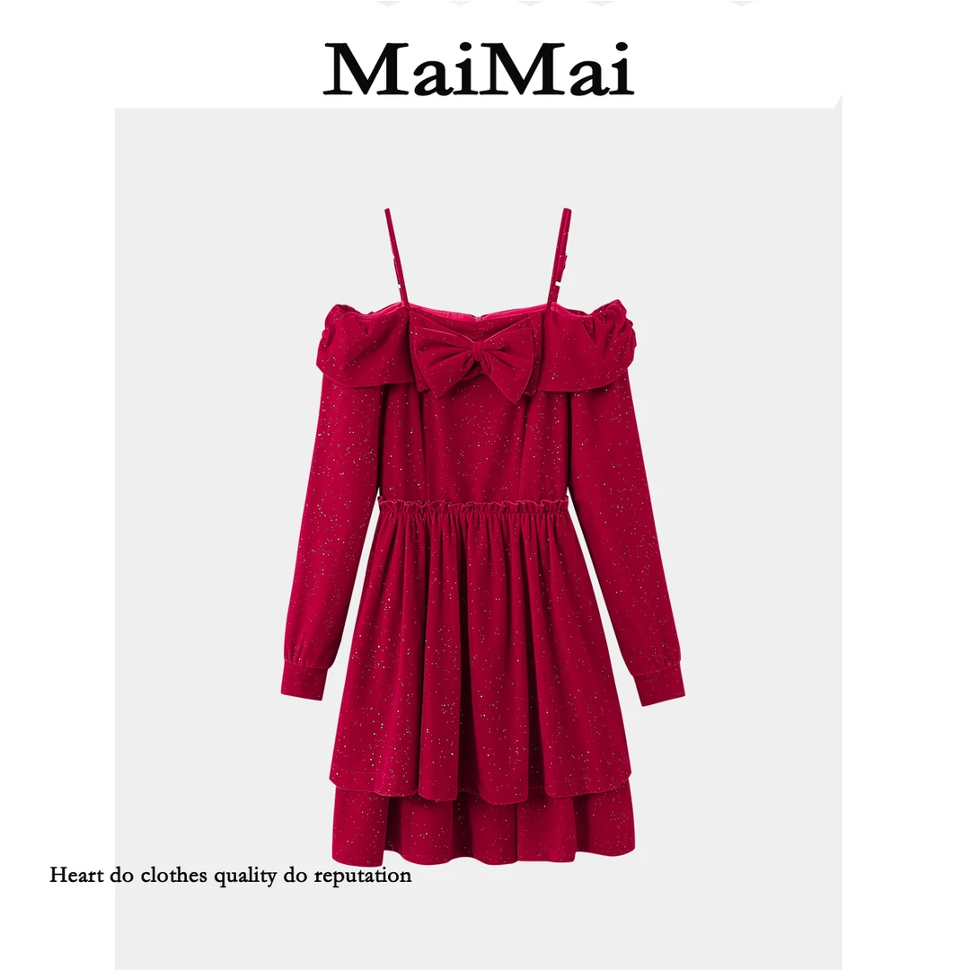 清仓【丝绒蛋糕】 Mai Mai◆秋冬加厚收腰收腰吊带长袖红色连衣裙女