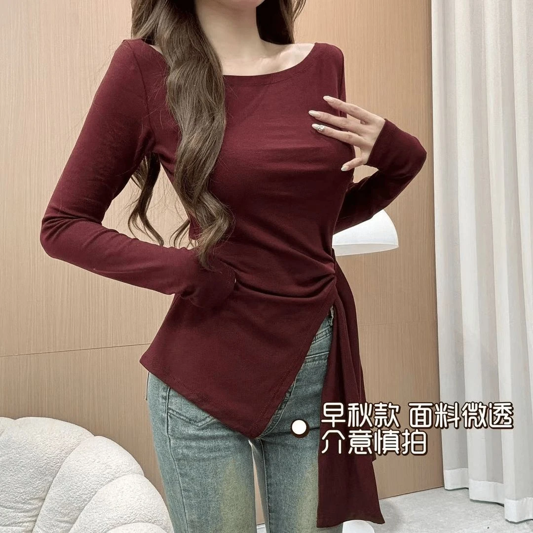 多巴胺长袖设计感不规则小香风系带收腰修身百搭显瘦甜辣秋款女装