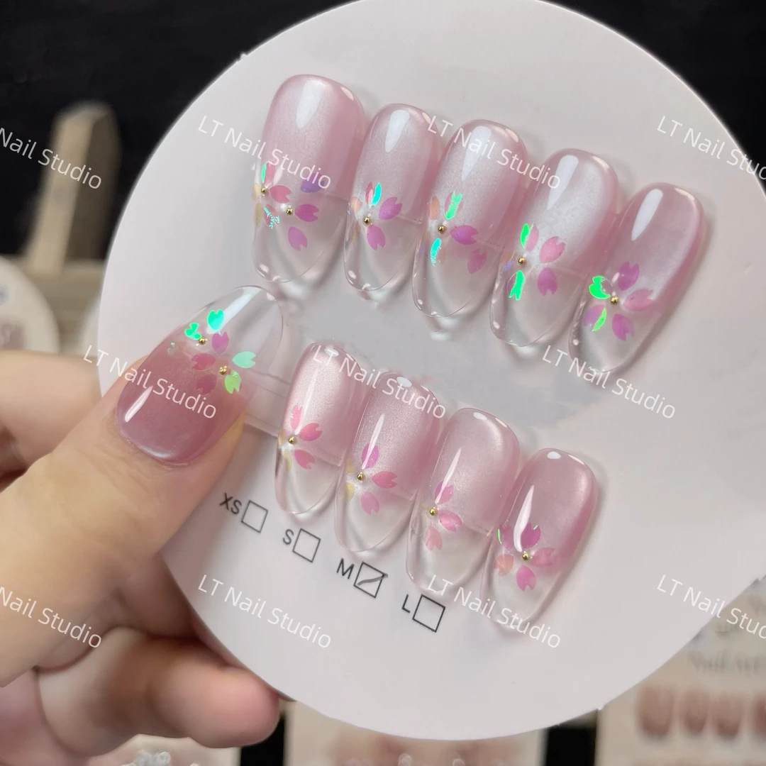 【极光樱花】春夏高级新款纯手工冰透穿戴显白猫眼指甲美甲贴片