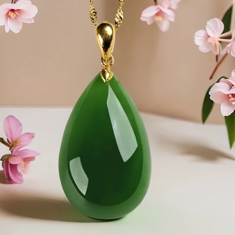 善大缘高档玉髓玛瑙水滴吊坠全银925项链女菠菜绿玉石挂件送妈妈