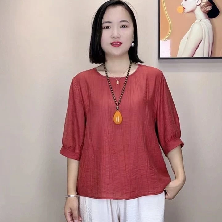 2025新款小衫时尚宽松大码减龄通勤显瘦复古中国风文艺t恤上衣