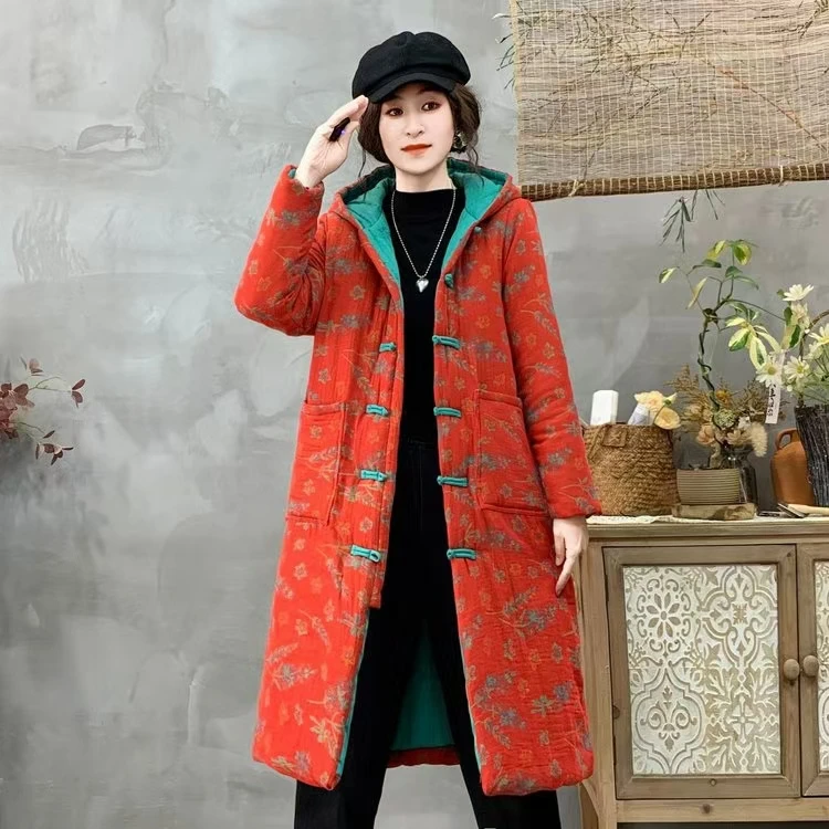 中长款连帽棉衣外套女冬新款碎花民族风盘扣中年妈妈棉服加厚棉袄