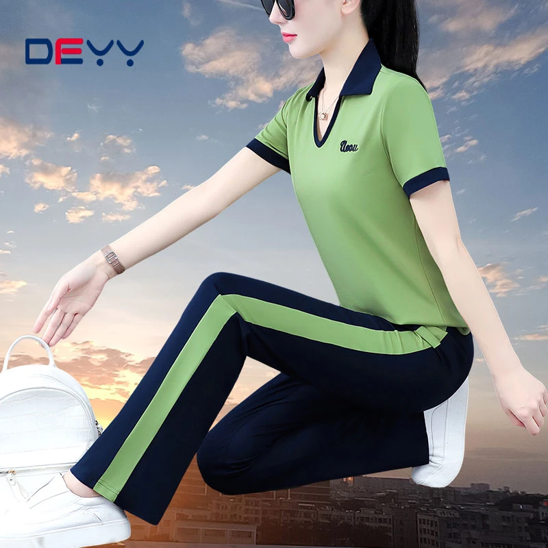 韩版休闲女士翻领套装2024年新款跑步长裤运动服两件套显瘦