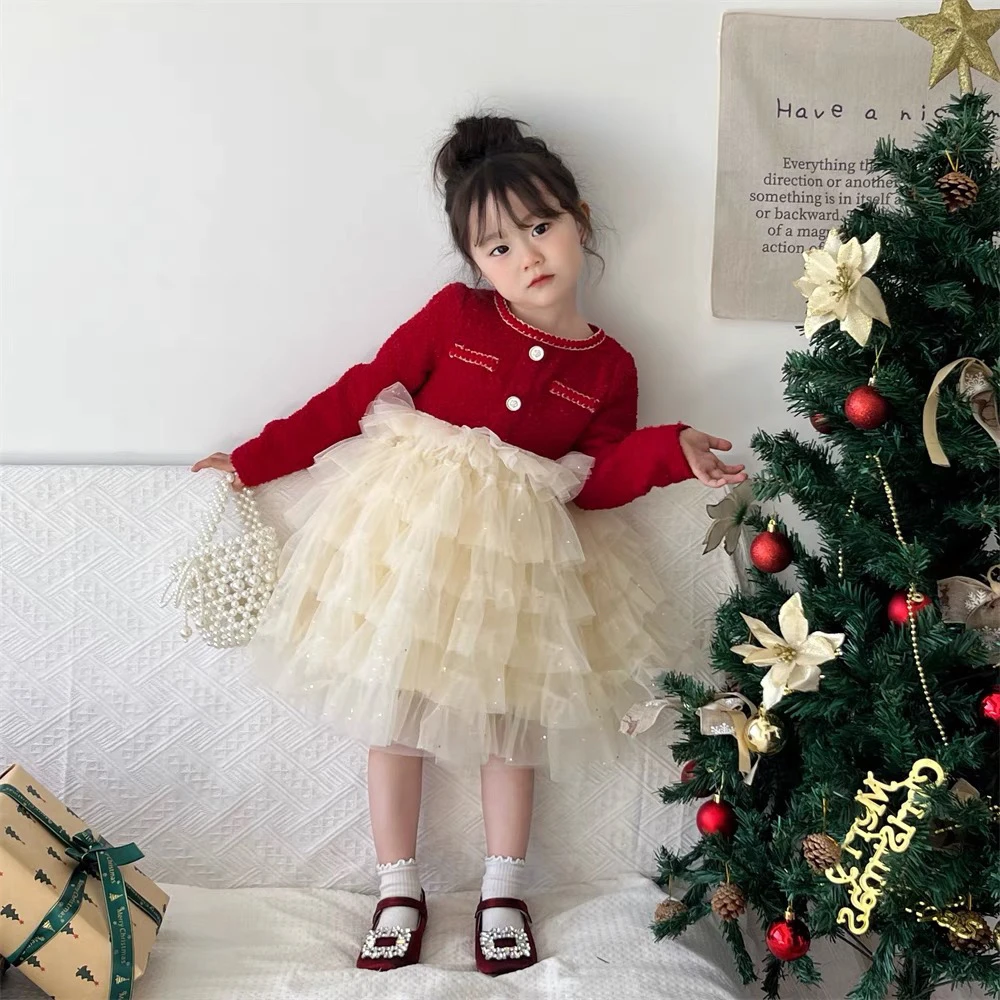 女童加绒网纱连衣裙2023冬季新款韩版女孩红色小香风蛋糕裙公主裙