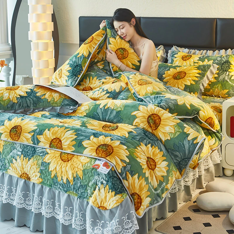 冬天保暖牛奶绒夹棉床盖式四件套加厚宝宝绒珊瑚绒被套床单三件套