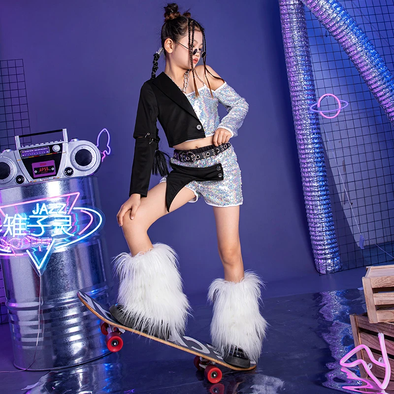 雉子灵女童爵士舞服装儿童亮片时髦演出服套装女孩t台走秀潮装冬