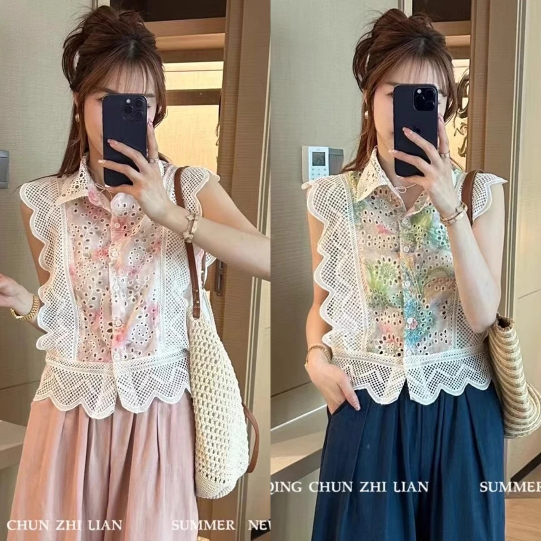 2024韩系蕾丝翻领飞飞袖夏日桃桃甜美显瘦时尚衬衣