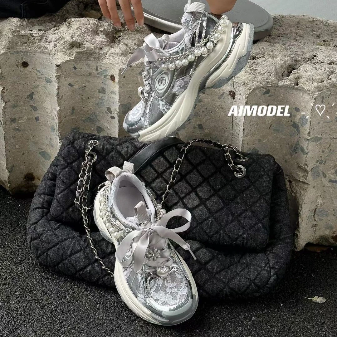 爱死它了~网纱透气小众ins潮银色女厚底春夏运动休闲鞋2767