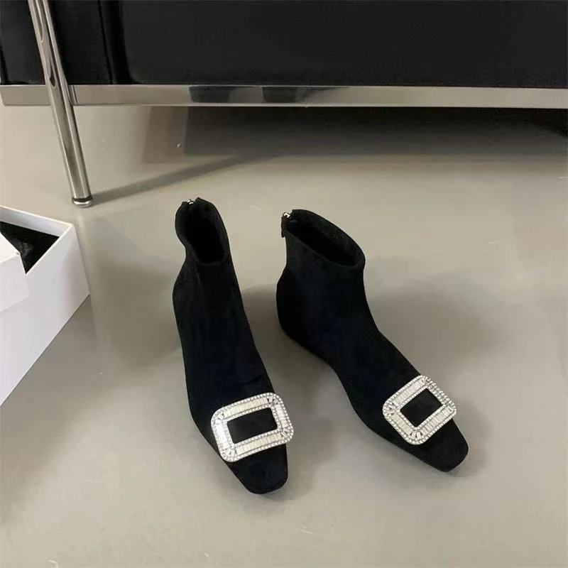 水钻扣饰～复古短靴女秋冬加绒方头后拉链法式及踝靴319-2