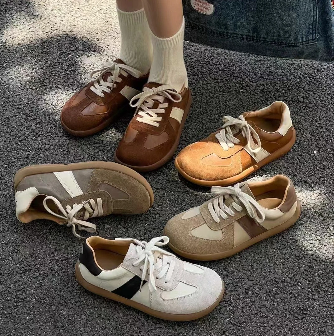 线条艺术~真皮德训鞋女厚底休闲板鞋磨砂牛皮复古鞋8826-YB