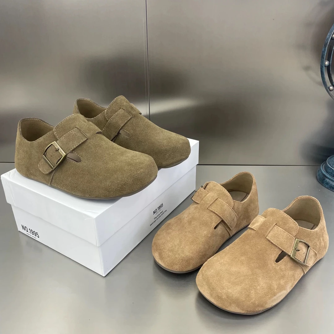 森系复古磨砂皮圆头平底单鞋秋冬厚底一脚蹬勃肯鞋73982