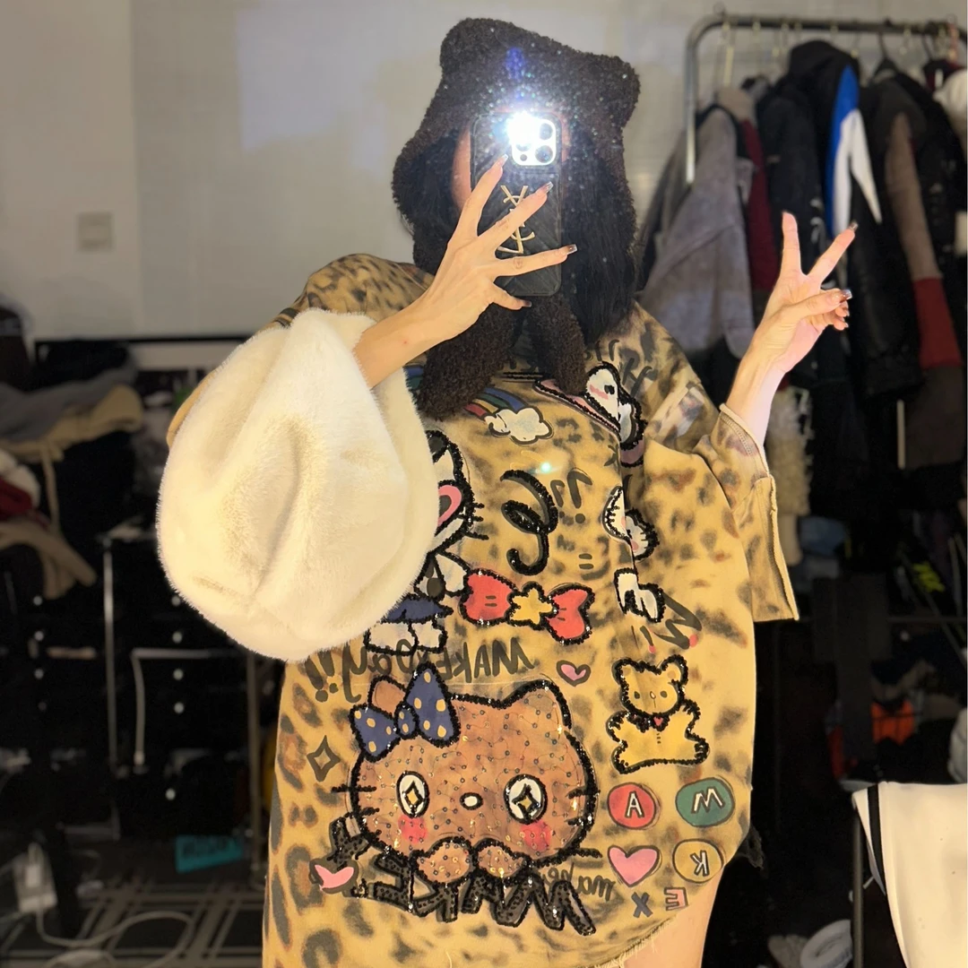 奇奇家 MX潮牌 加厚 重工亮片 豹纹猫咪卡通大版T恤