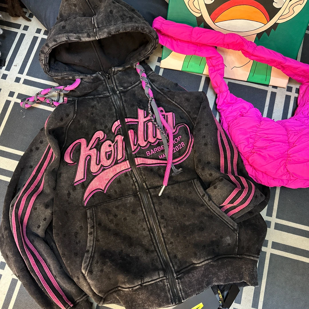 奇奇家 MX潮牌 加绒加厚  重工玫红字母刺绣破洞设计连帽开衫外套