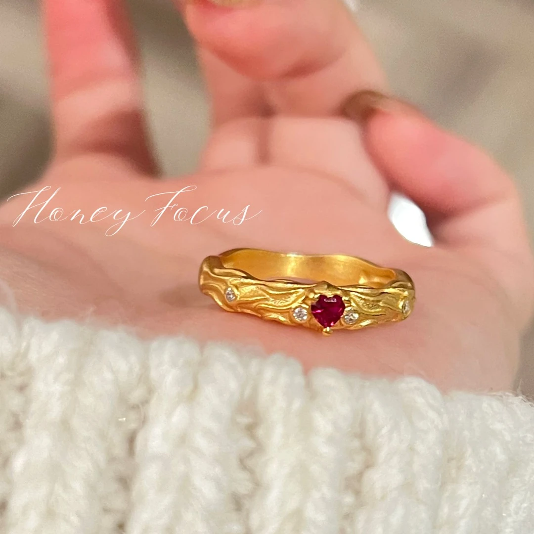 925银合成锆石戒指 冬日焰火配戒 金色轻奢复古秋冬戒指 #9020