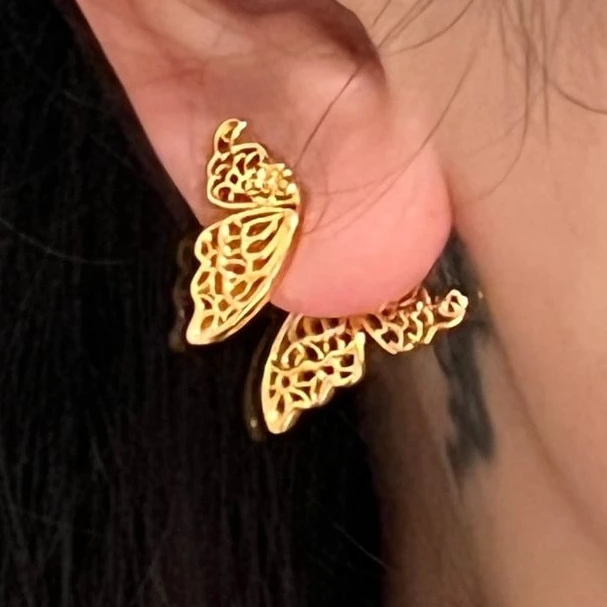 925银耳饰 镂空蝴蝶耳钉 金色复古小众少女耳环 #8775