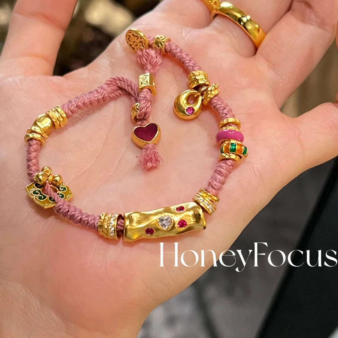 925银合成锆石手链 粉金色盘缠手链 古法金色轻奢小众手链 #8851