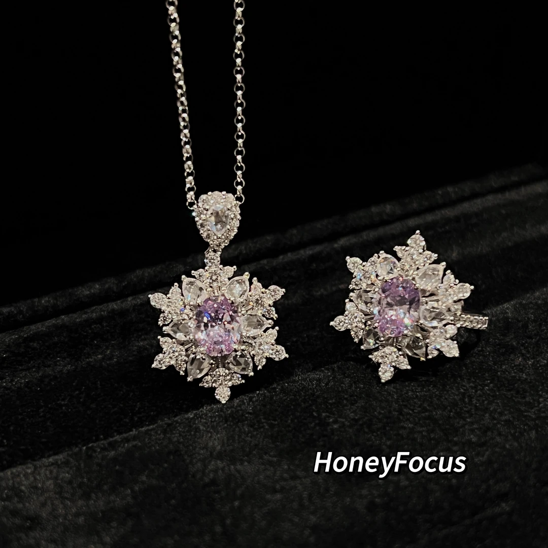 坠链均925银合成锆石 小雪花项链 轻奢气质主石项链/戒指 #8637