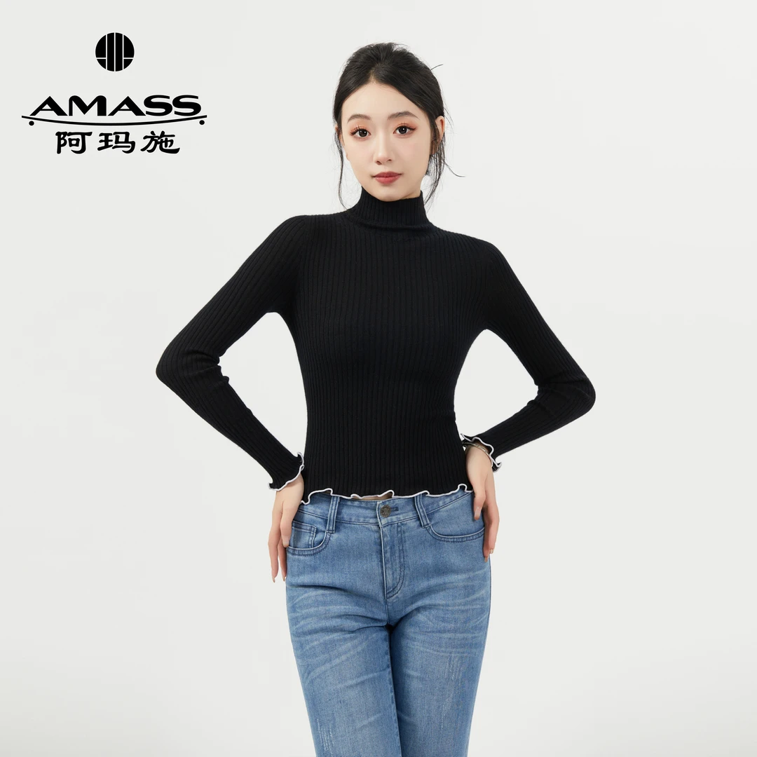 AMASS/阿玛施新款百搭纯色花边显瘦修身长袖山羊绒针织衫5399651