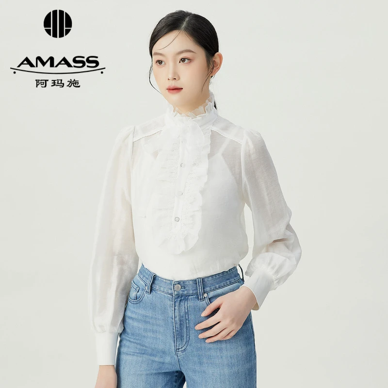 AMASS/阿玛施气质高级款百搭精致复古宫廷风白色长袖衬衫5301033