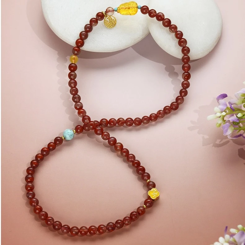 布达拉宫南红金珀多圈手串珠珠时尚编织红色女款百搭轻奢气质精美