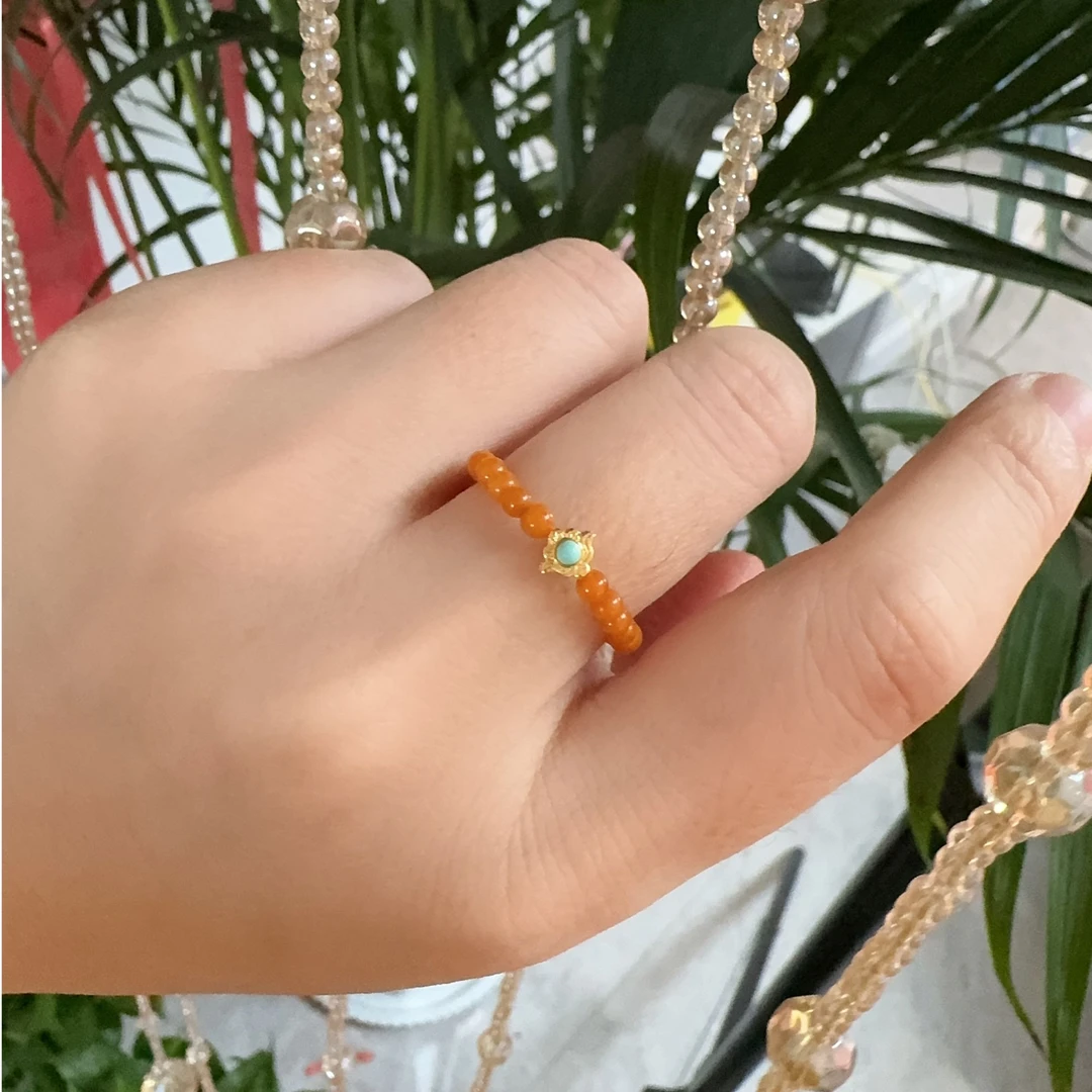 天然老蜜蜡配925原矿绿松石轻奢女款复古戒指多样性发货发其一