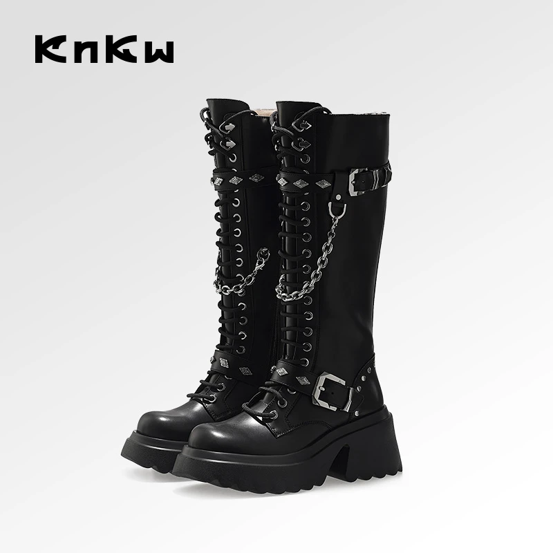 KNKW厚底流行高筒靴2025年时尚长筒百搭黑色时装骑士靴W3713H065