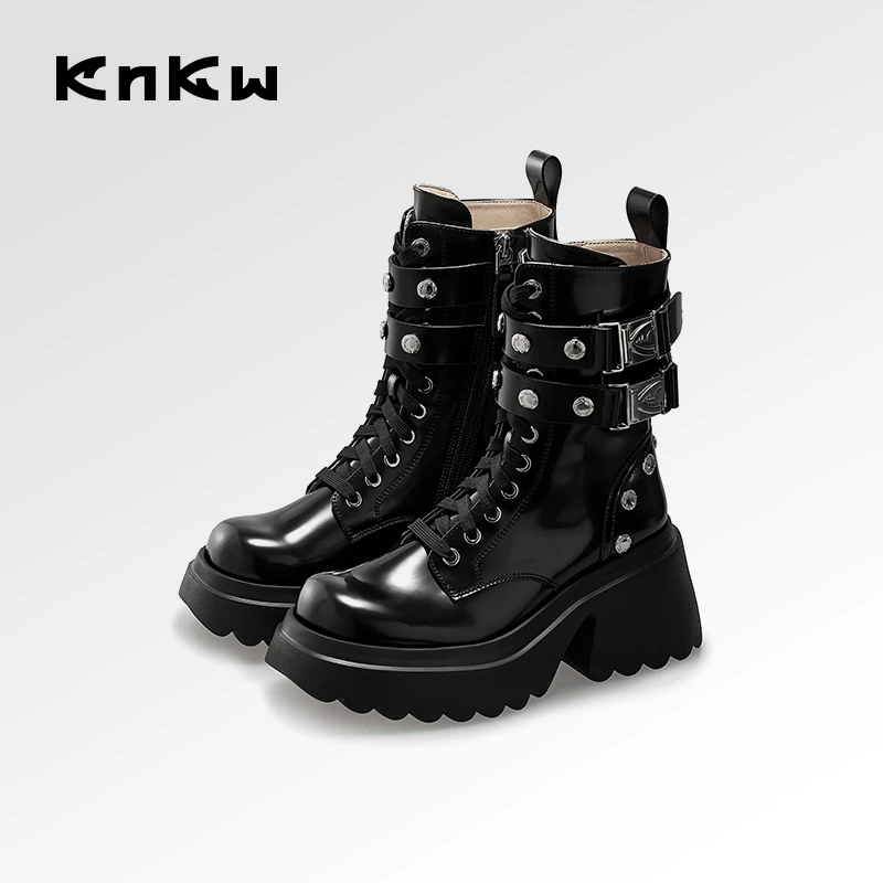KNKW黑色双K教主时尚英伦风短靴雅丹风粗跟厚底马丁靴W3713H011S