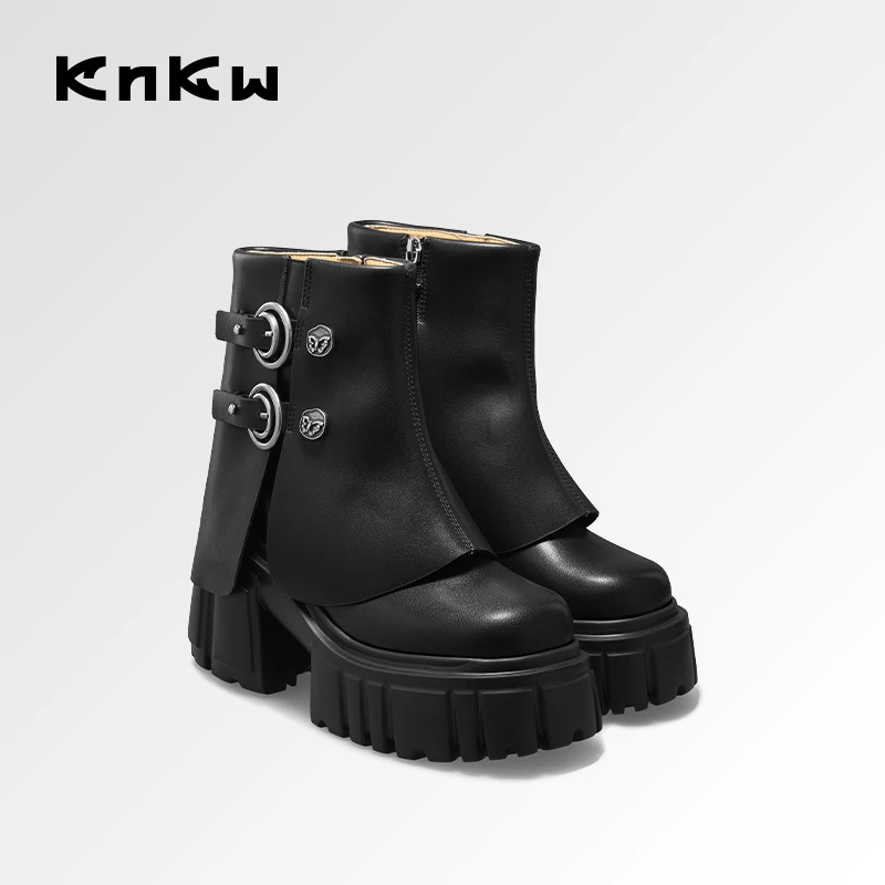 KNKW厚底裤管靴2025时尚女士秋冬高跟粗跟英伦马丁靴W4108H020