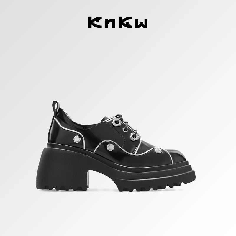 KNKW厚底设计感休闲时尚女鞋2024百搭小众潮流黑色小皮鞋W3943059