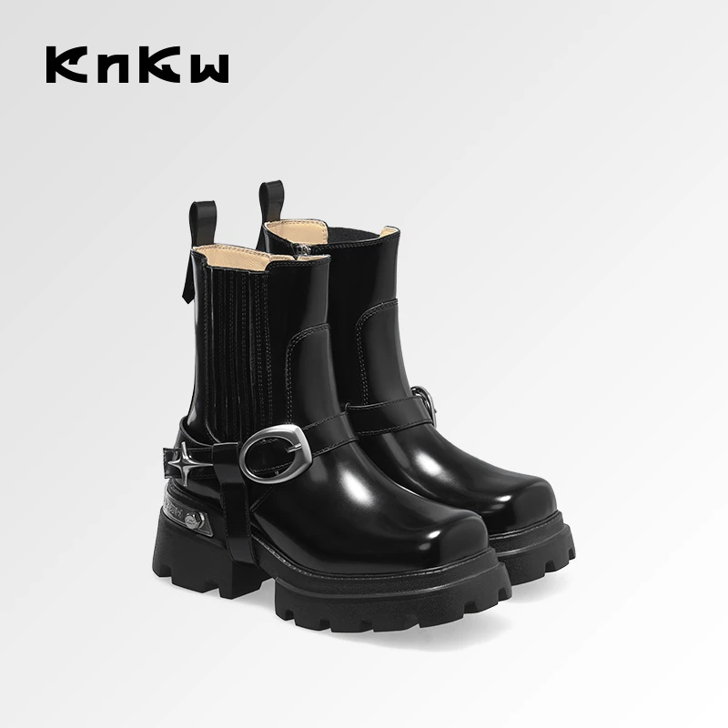 KNKW切尔西厚底短靴2024秋冬女士黑色时尚百搭马丁靴W3912HG087