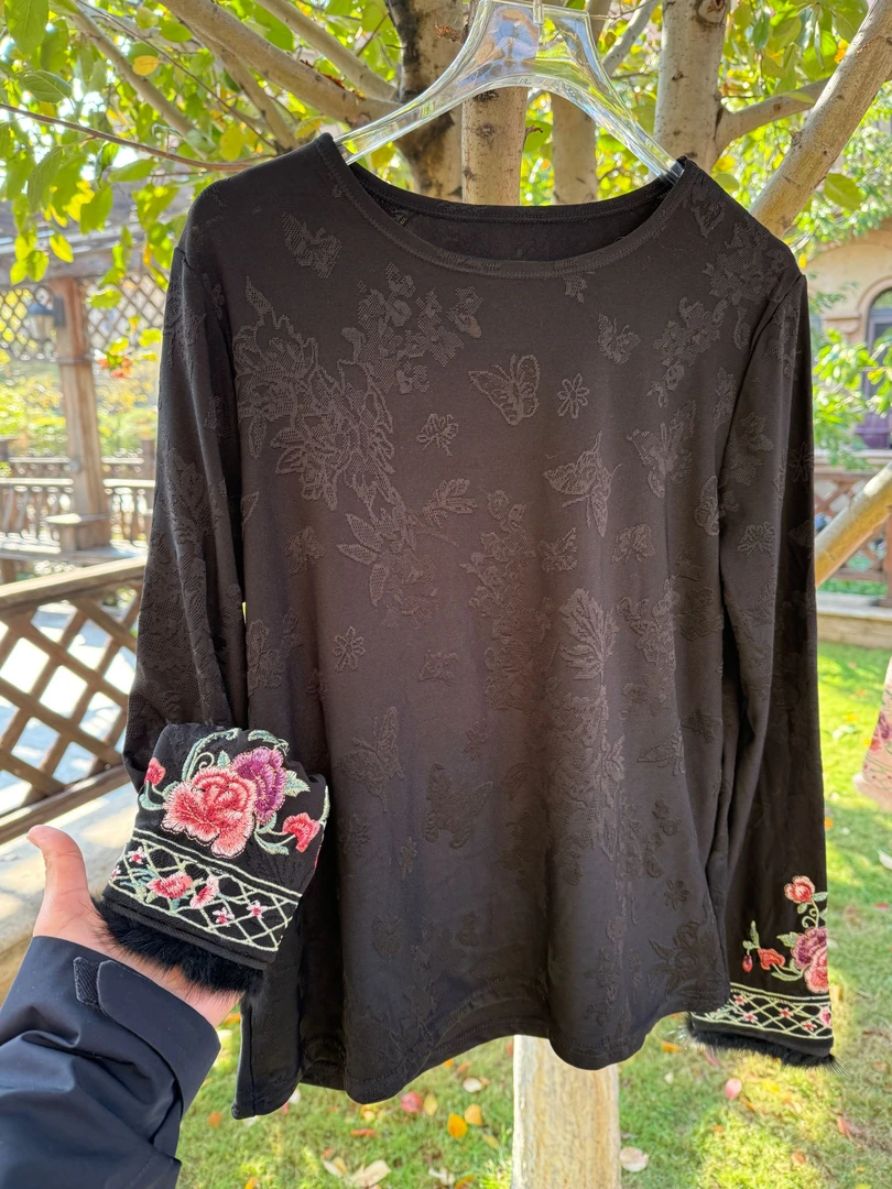 (禧隐.念予）国风新中式秋季复古貂毛打底百搭宽松长袖女装上衣