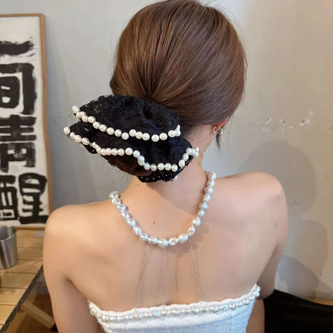 蕾丝大肠发圈丸子头低马尾扎头发绳子法式复古风