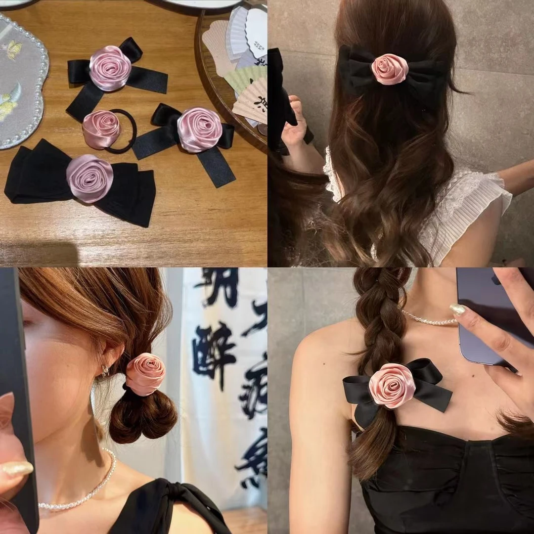 浪漫绸缎花朵发夹鸭嘴夹复古玫瑰发圈边夹弹簧夹