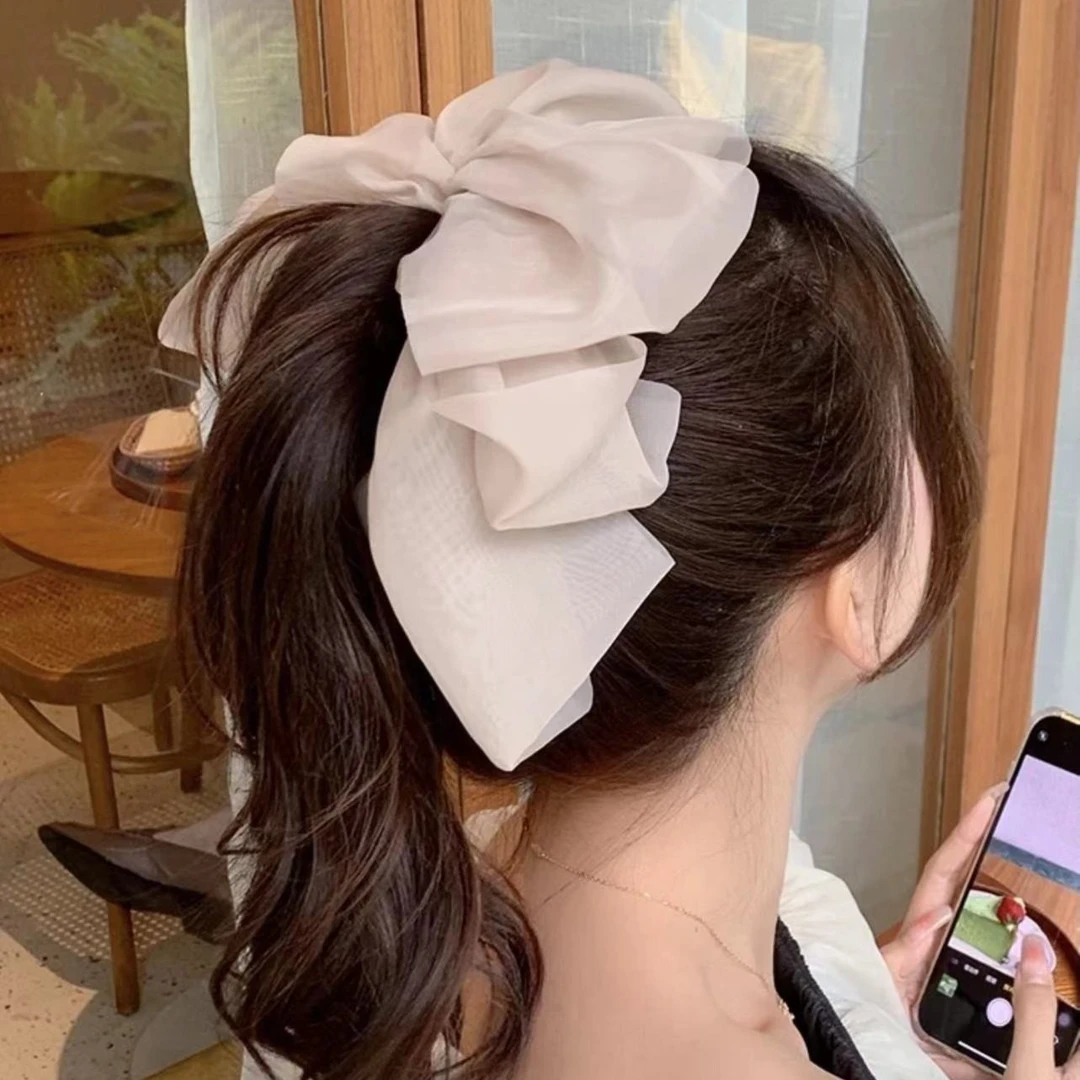 非金属布艺发饰 网纱云朵香蕉夹雪纺多层蝴蝶结高马尾防滑竖夹