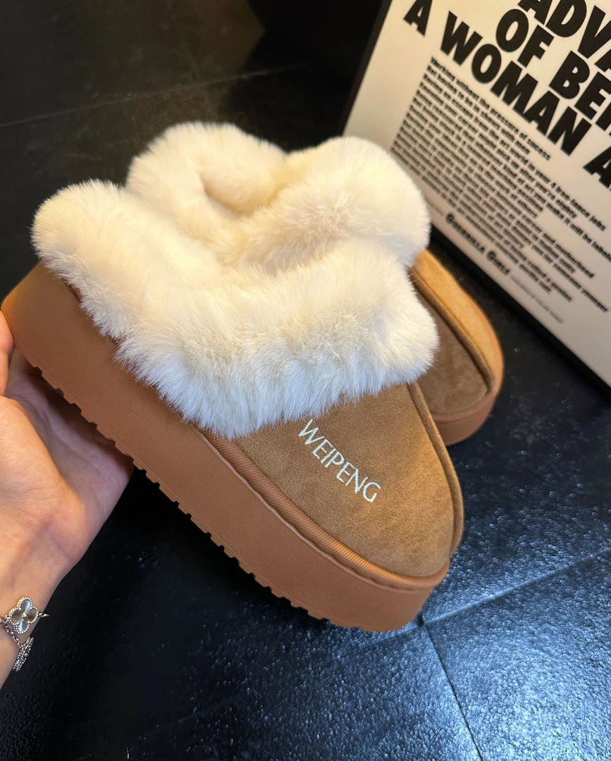 网红新品秋冬季毛毛拖鞋雪地靴外穿厚底防滑秋冬软底冬季棉拖鞋