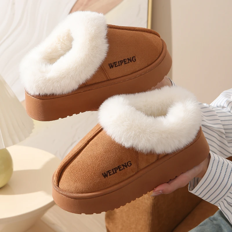 时尚百搭毛毛雪地靴低帮包跟款棉鞋防滑厚底增高外穿居家棉拖鞋