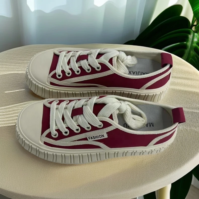 JH6688-6 女款厚底圆头简约百搭松糕帆布鞋休闲鞋（酒红）