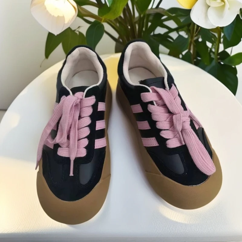 222-1 复古厚底增高百搭德训鞋休闲女板鞋（粉色）