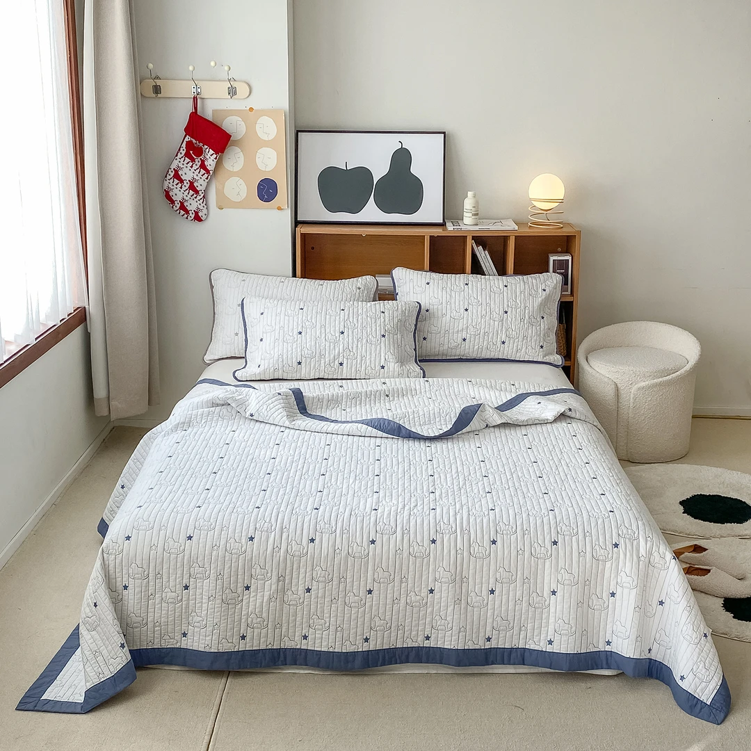 【棉谷里】双面纯棉四季款小木马绗绣工艺床盖三件套