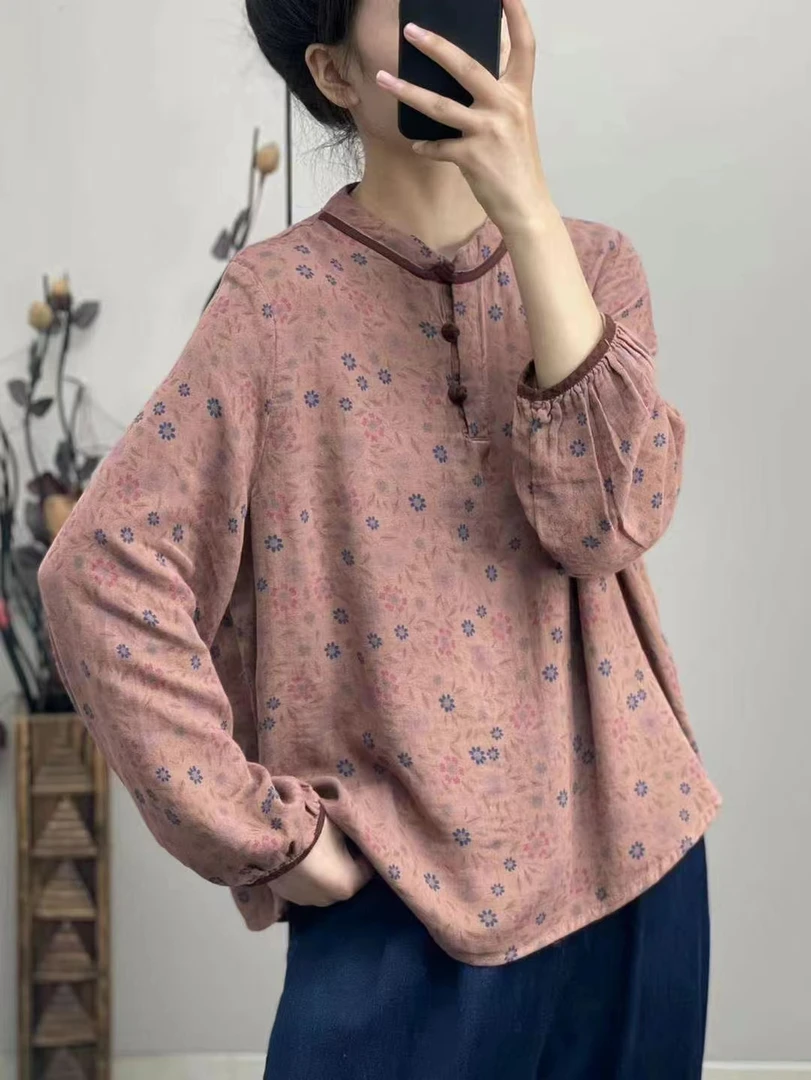 2024女装复古日系文艺宽松显瘦洋气休闲印花立领衬衫