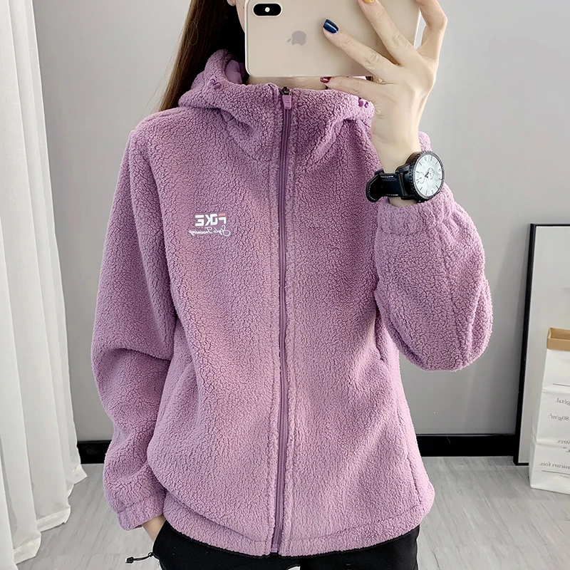 仿羊羔羔毛抓绒衣女长袖开衫冬季保暖加厚连帽外套毛绒绒宽松卫衣