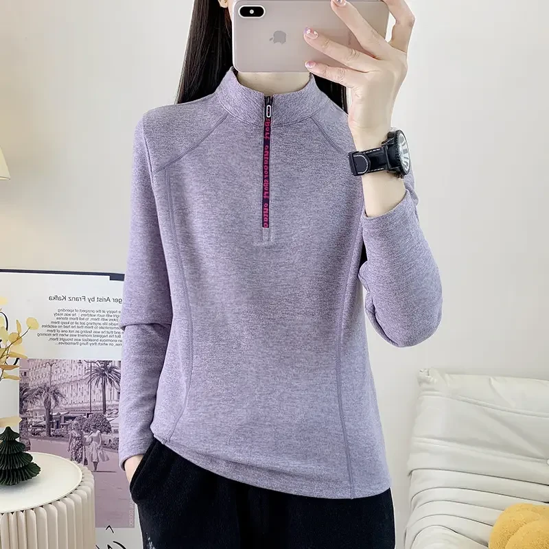 秋冬季德绒衣弹力打底衫内搭立领户外运动卫衣女款长袖保暖套头衫